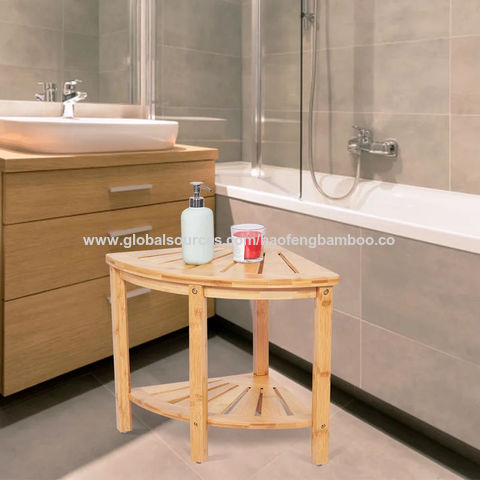 Bamboo Corner Shower Stool Bench Waterproof - with Storage Shelf for  Shaving Legs or Seat in Bathroom & Inside Shower Black