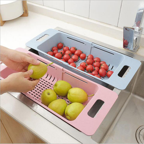 Plastic Multifunctional Sink Draining Rack Blue Plastic Vegetable Rice Strainer Adjustable Retractable Dish Sink Drain Basket