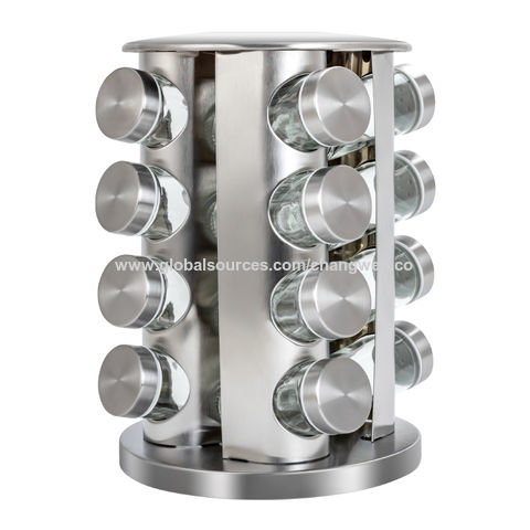 Stainless Steel Revolving Rotating Spice Rack Storage Stand 16 Glass Jar Set 