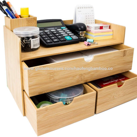 3-Layer Bamboo Desk Organizer with 3 Drawers, Mini Desktop Craft