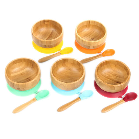Venta al por mayor de alta calidad, juego de alimentación para bebés, tazón y cuchara de silicona de bambú natural de grado alimenticio for sale at factory direct price