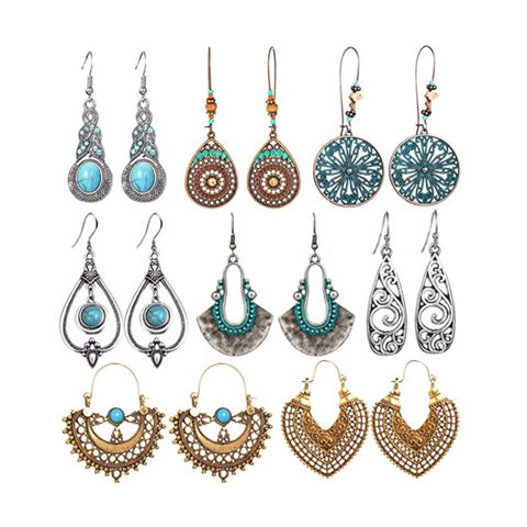 48 Pairs Vintage Ethnic Drop Dangle Earrings Set Silver Bohemian Statement Hollow Earrings Turquoise Inlay Stud Earrings for Women Girl