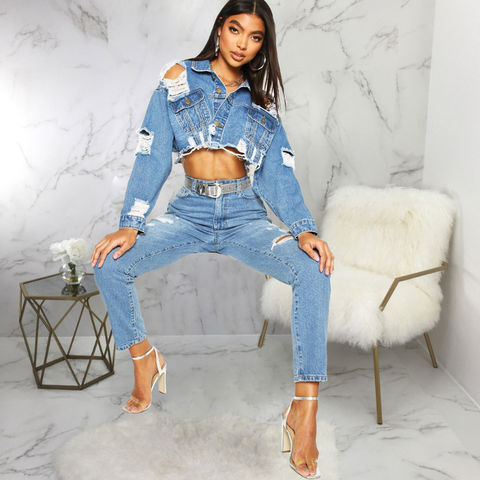 Denim Outfit for Women Sexy Long Sleeve Cropped Jacket and High
