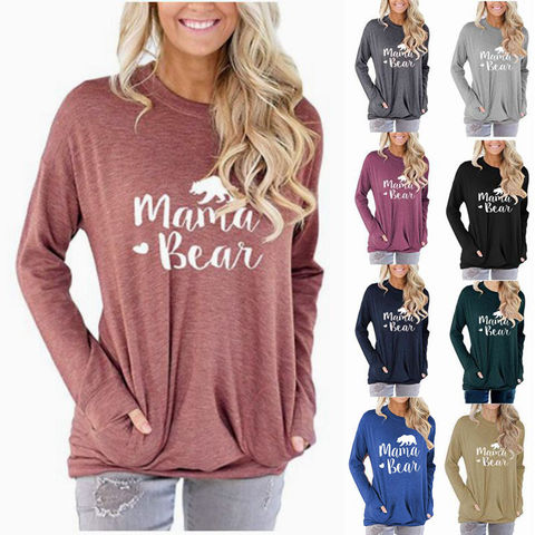 Women Pockets Pullover Tops Casual Long Sleeve Blouse Hooded Print Ladies Shirt 