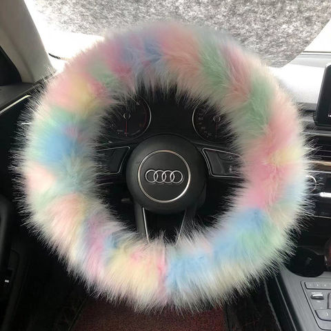 15 inches Winter Warm Fuzzy Vehicle Wheel Protector Car Decor Blue Ladies Fashion Fur Car Wheel Cover & Handbrake Cover & Gear Shift Cover Set Accmor Fluffy Steering Wheel Cover for Women Girls 