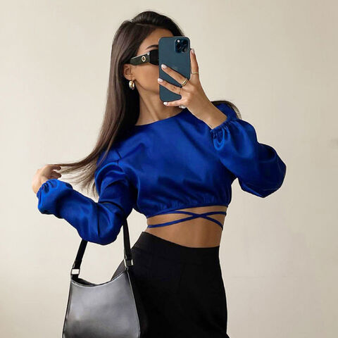 China El top muy escotado por detrás atractivo de la cosecha de la manga  larga ata para arriba el O-cuello superior de la seda de la blusa del satén  de las mujeres