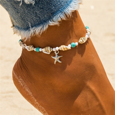 Neue Muschelperlen Seestern Fußkettchen für Damen Strand Fußkette Bein Armband Handgefertigte böhmische Fußkette