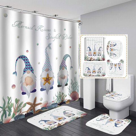 4Pcs Shower Curtain Bathmat Set Waterproof Toilet Lid Cover Floor Mat Decor UK 