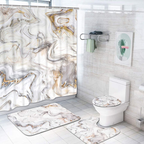 4PCS Shower Curtain Bathroom Rug Set Bath Mat Non-Slip Toilet Lid Cover Sets