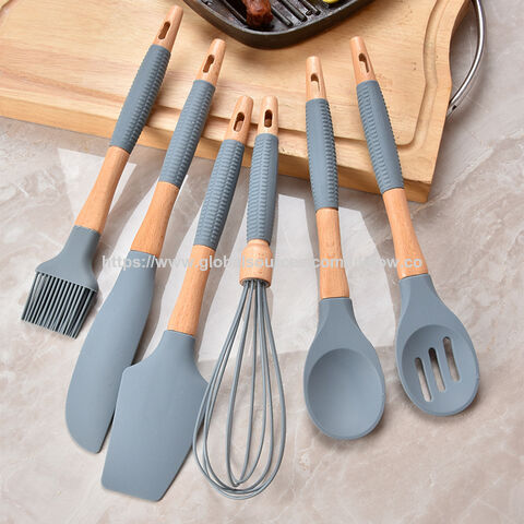 Conjunto de 6 utensílios de cozinha de silicone com espátula, espátula de silicone e colher de madeira de faia for sale at factory direct price