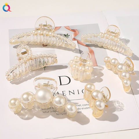 Gold Plastic Bling Pearl Large Hair Claw Crystal Beads Clamp Hair Clips ...