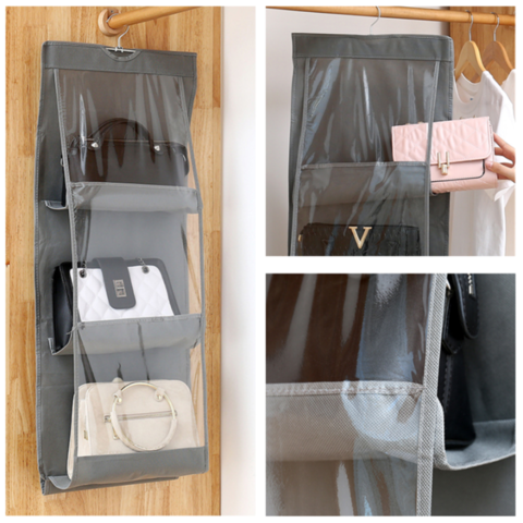 6 Pocket Hanging Handbag Organizer for Wardrobe Closet Transparent Storage Bag 