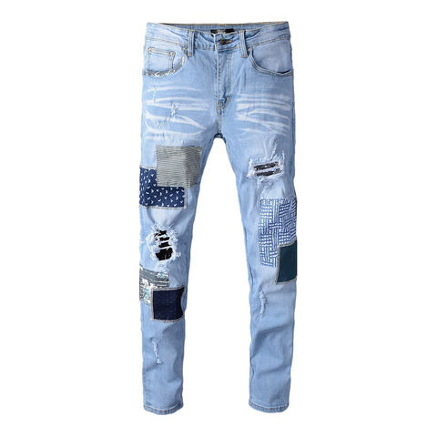 Personality Design Custom Patchwork Washed Denim Pants Skinny