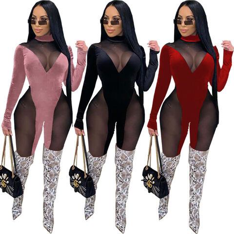 Damen Jumpsuit, sexy Stil, Mesh-Einsatz, koreanischer Samt, langer Overall für Damen