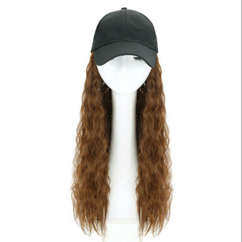 Synthetic Long Wave Hairpiece Black White Baseball Cap Attached Hair for Woman 