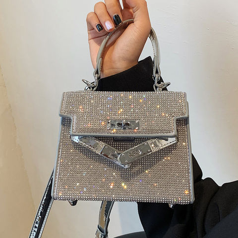 New Womens  Rose Diamond Rhinestone Handbag Purse Luxury  Silver Shoulder Bag 