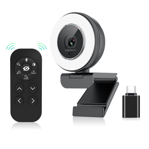 Webcam 1080P 60fps con Aro de Luz y Control Remoto, Cámara Web para Gaming en PC con Micrófono y Cubierta Integrados