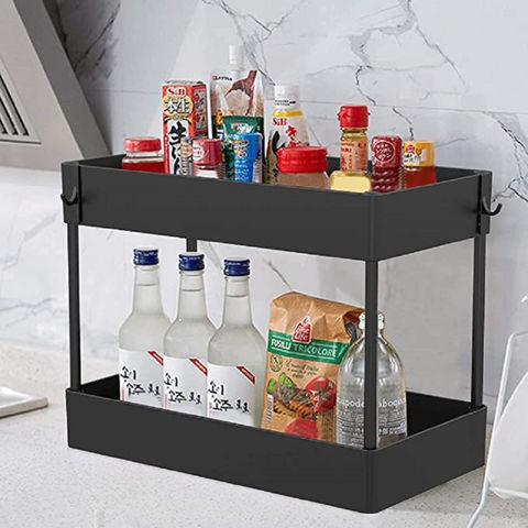4 Tier Under Sink Organizer Under Sink Storage Shelves Black Plastic Bath Collection Baskets with Stainless Steel Support Tubes and 4 Pieces Hooks for Bathroom Kitchen Office Supplies