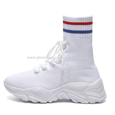 Atmungsaktive Socken-Schuhe aus Stretchmaterial, leichter Stiefel-Stil zum Reinschlüpfen für Damen und Herren, Unisex Weiße Schuhe