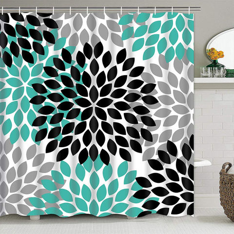 Shower Curtain, Teal Grey White Shower Curtain