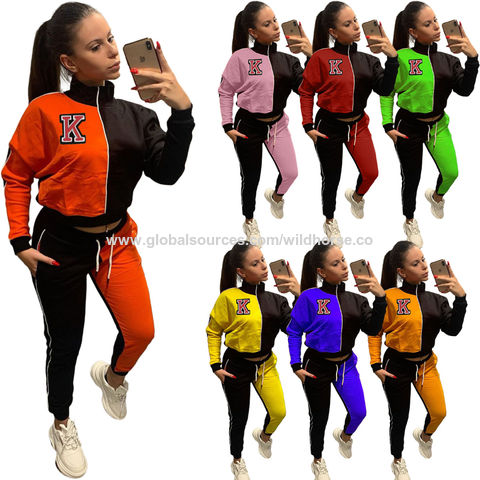 Color Block Tracksuit And Flare Pants Set (Red)