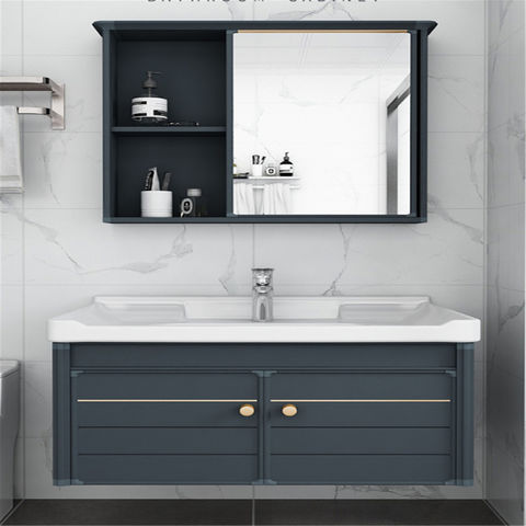 Solid wood bathroom combination suit with hanging square mirror cabinet ...