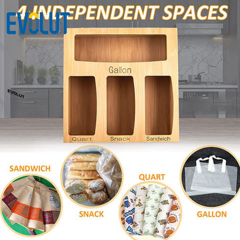 Food Storage Bag Holders, Bamboo Ziplock Bag Organizer for Drawer