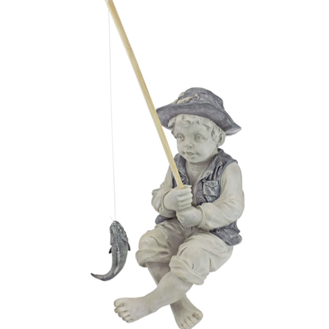Outdoor Fisherman Boy Sculpture Fishing Garden Gnome Statue Yard