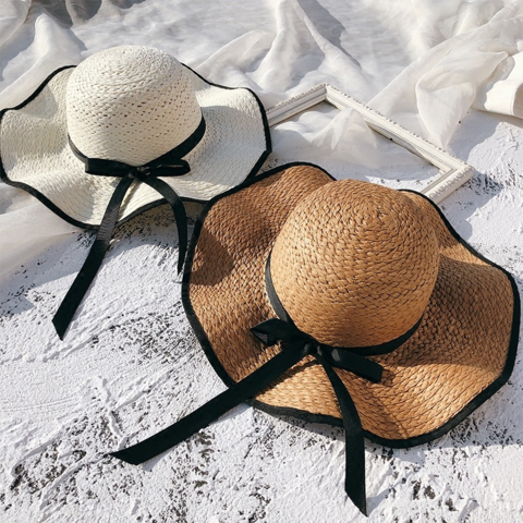 Chapeau de Plage Femme à Large Bord avec Nœud, Chapeau de Soleil d'Été Pliable en Paille, Bonnet de Protection