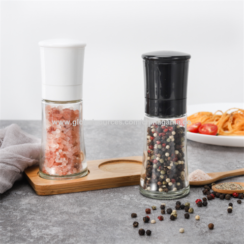 Himalayan Chef Salt & Pepper Grinders, Small Refillable Glass Jar With  Metal Stand