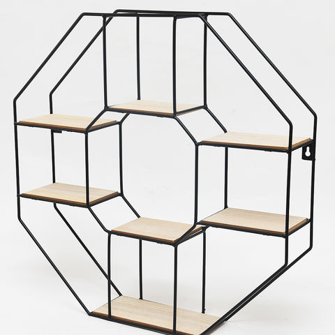 Hexagon Metal Wire Wooden Wall Storage Shelf Hanging Rack Mesh Display Shelve US 
