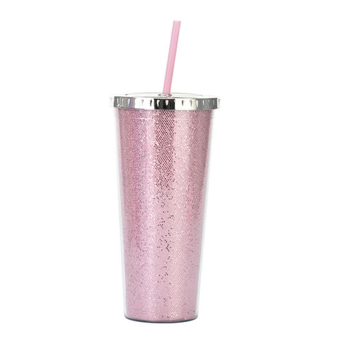 Pink Tumbler with Straw and Lid Glitter 20oz Insulated Double Wall Clear Acrylic Travel Cup