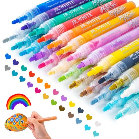  JR.WHITE Paint Markers Pens Acrylic Pen, 24 Colors Acrylic  Paint Pens Medium Tip for Rocks, Stone, Ceramic, Glass, Wood, Canvas  Painting, Paint Marker for Kids Adults Art and Craft Making Supplies 