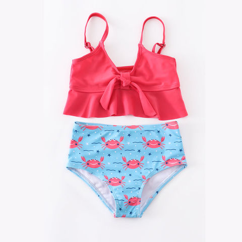 Wholesale Girl Blue Crab 2 Pcs Swim Suit Ruffle High Waist Teen
