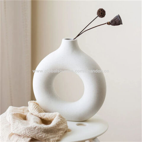 White and Black Donut Vase Minimalist Planter Ceramic Modern Hollow Vase