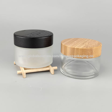 5g 15g 30g 50g 100g Empty Bamboo Wooden Printing Empty Cream Jar Container,  Frosted Glass Beauty Cosmetic Packaging, PLASTIC Cap, Wholesale