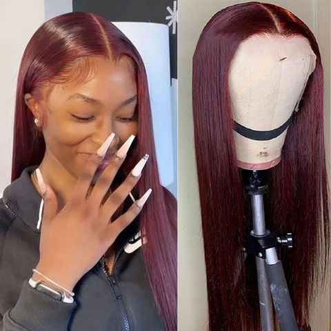 burgundy straight lace front wig