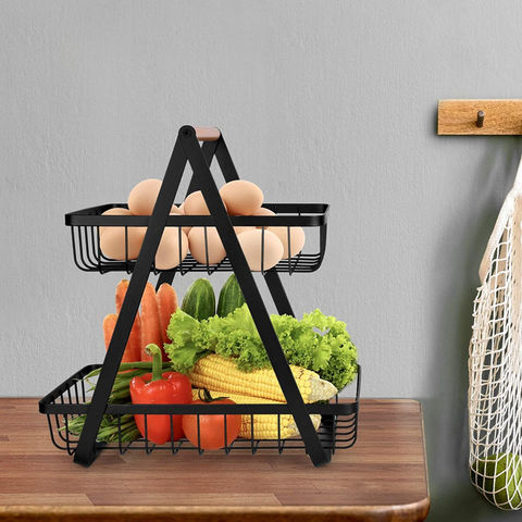 Apsan 2 Tier Fruit Storage Basket Countertop for Kitchen Black Medium Bread Vegetable Fruit Basket Bowl Stand Detachable Metal Rectangular Wire Basket 