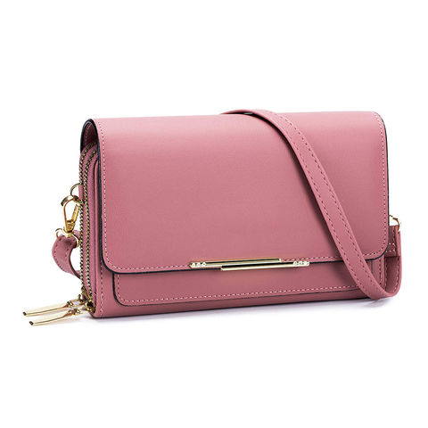 Crossbody Sling Bag for Women Girl Mini Cell Phone Shoulder Pouch PU  Leather Wallet-Pink
