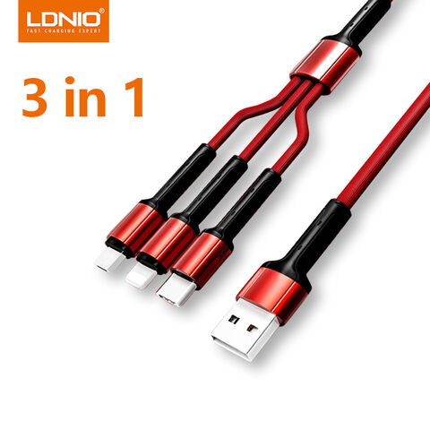 Cable USB 3 en 1 LDNIO para Carga Rápida de Teléfonos Móviles, Cable USB de Nylon de Carga Rápida