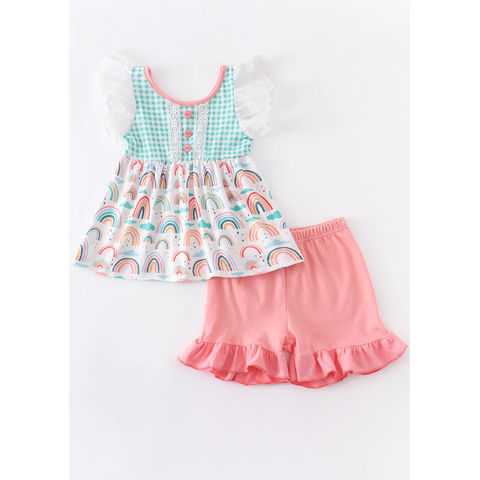 Buy Standard Quality China Wholesale Wholesale Children Clothes Girl Clothing Set 2pcs Set Boutique Dress Rainbow Plaid Ruffle Shorts Set 1.89 Direct from Factory at Yiwu City Yiyuan Apparel Co. Ltd