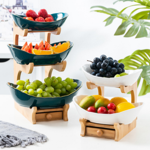 Nouveau Plateau à Fruits Multi-couches en Céramique avec Support en Bambou et Bois, Plateau à Sushi, Assiette à Dessert pour la Maison for sale at factory direct price