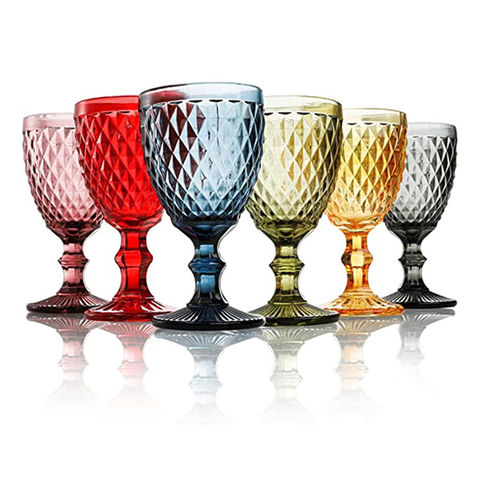 Vintage Wine Glasses Set Of 6, 10 Ounce Colored Glass Water Goblets, Unique  Embossed Pattern High Clear Stemmed Glassware Wedding Party Bar Drinking C