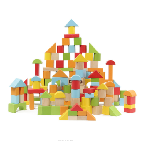 100 Bloques de Construcción en 4 Colores y 9 Formas, Puzzle de Madera para Niños y Niñas, Set de Bloques de Construcción de Madera for sale at factory direct price