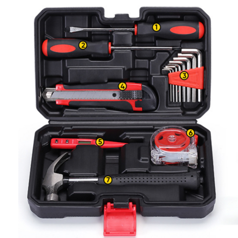 78 piece basic tool set. Screwdriver, pliers, hammer, tape measure, etc.