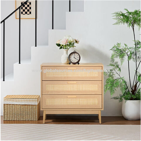 Kommode mit 3 Schubladen, Rattan-Kommode für Schlafzimmer, Boho-Holzschränke zur Aufbewahrung, Eck-Nachttisch für Schlafzimmer, Wohnzimmer, Eingangsbereich