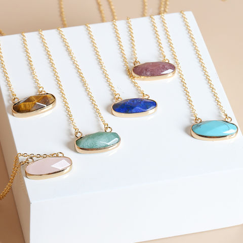 Oval Jade Pendant Brass Necklace 