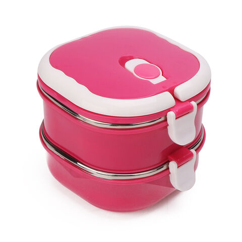 Plastic Home Double Layer Lunch Box Food Container 850ml Pink