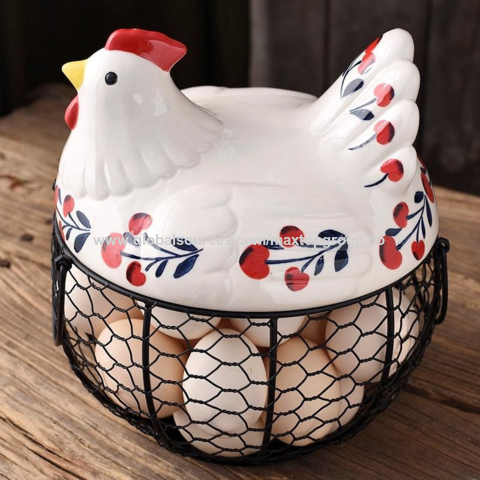 Ceramic Egg Holder Chicken Wire Metal Egg Basket Fruit Basket Collection  Ceramic Hen Oraments Decoration Kitchen Storage