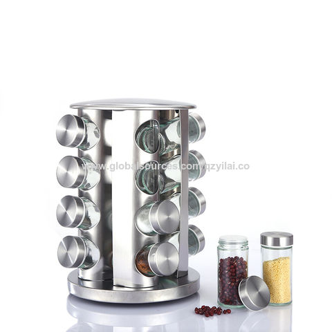 Spice Rack Carousel 16 8 Jars Wooden Stainless Steel Rotating Kitchen Storage